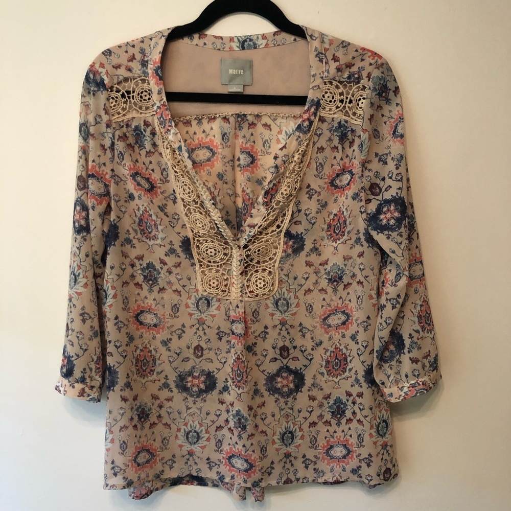 Maeve Beige Floral Crochet Trim Tunic Top